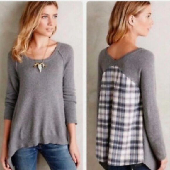 Anthropologie Moth Plaid Flannel Back Cashmere Blend Pullover Sweater Sz X-Small - Picture 1 of 12